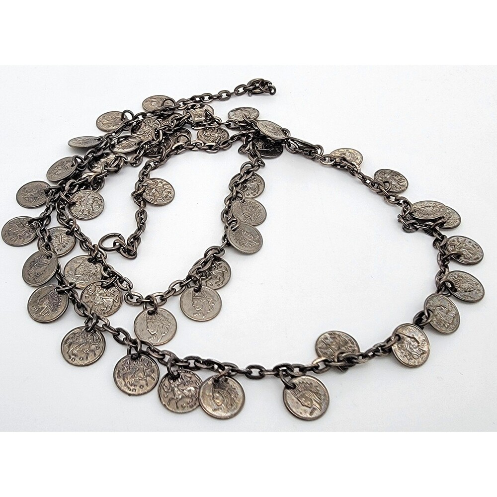 Native American Head & Stag Motif Coin Replica Necklace Mini Charm Gunmetal Tone